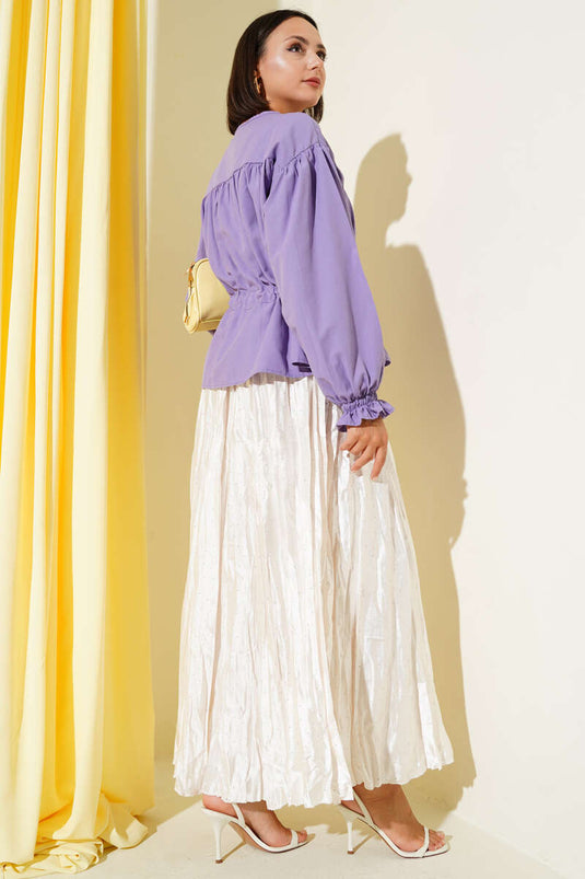 Bel Tünelli Pileli Kısa Gömlek Lila