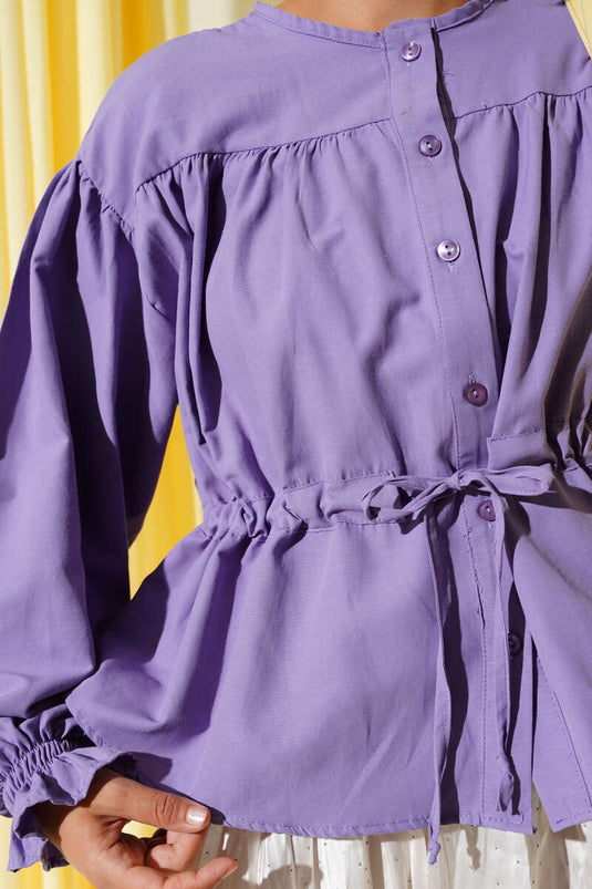 Bel Tünelli Pileli Kısa Gömlek Lila