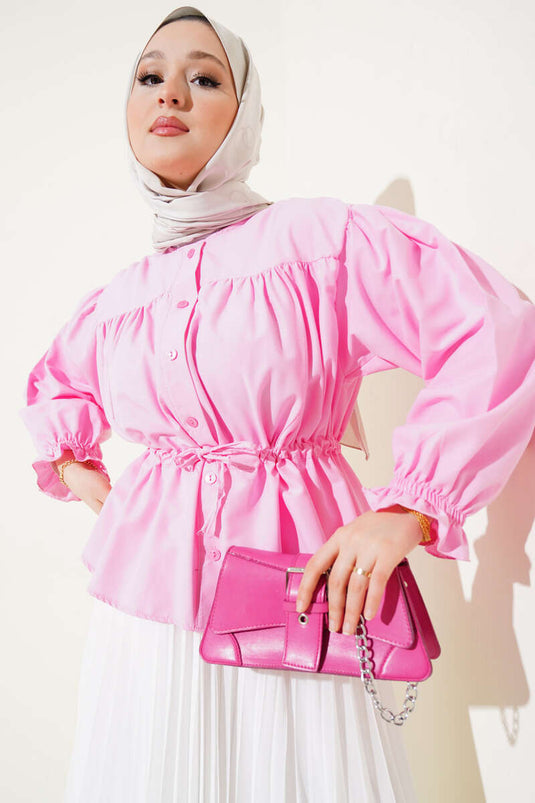 Camicia corta plissettata con collo a V rosa