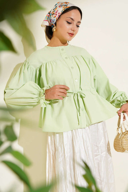 Bel Tünelli Pileli Kısa Gömlek Su Yeşili