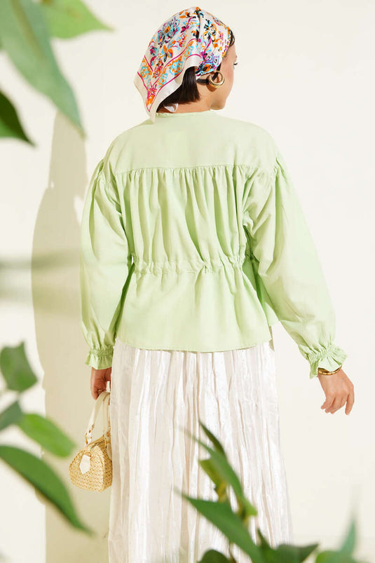 Bel Tünelli Pileli Kısa Gömlek Su Yeşili