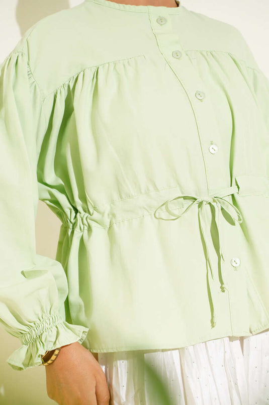 Bel Tünelli Pileli Kısa Gömlek Su Yeşili