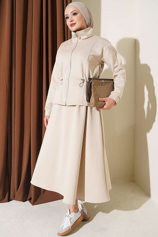 Beige Twee-Delig Set Met Tule Rok En Scuba Top