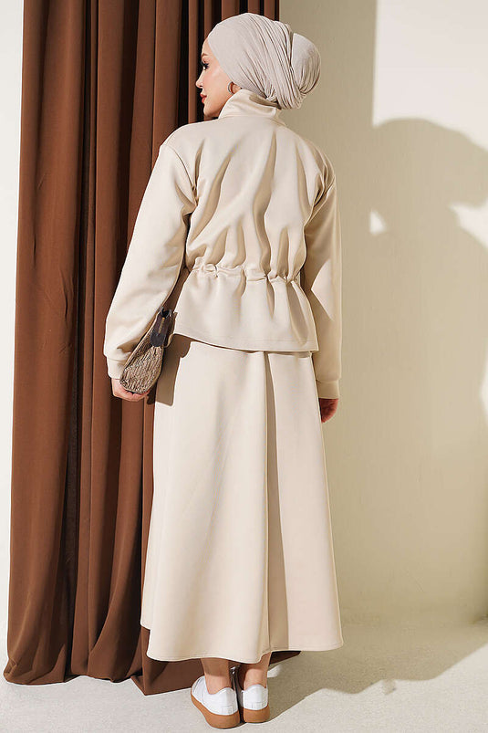 Beige Twee-Delig Set Met Tule Rok En Scuba Top