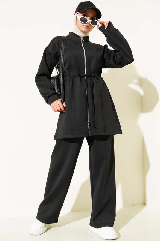 بدلة غوص من قطعتين مع نفق خصر، لون أسود