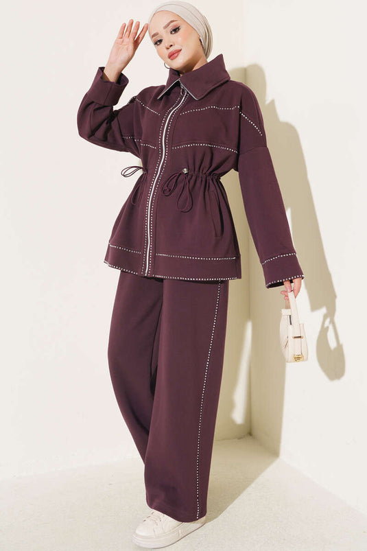 Belted Embellished Two-Piece Set In Plum
