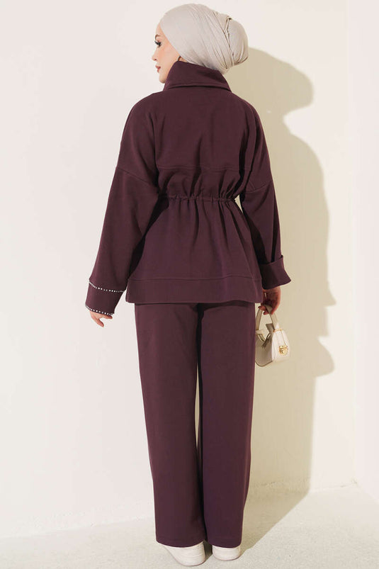 Belted Embellished Two-Piece Set In Plum