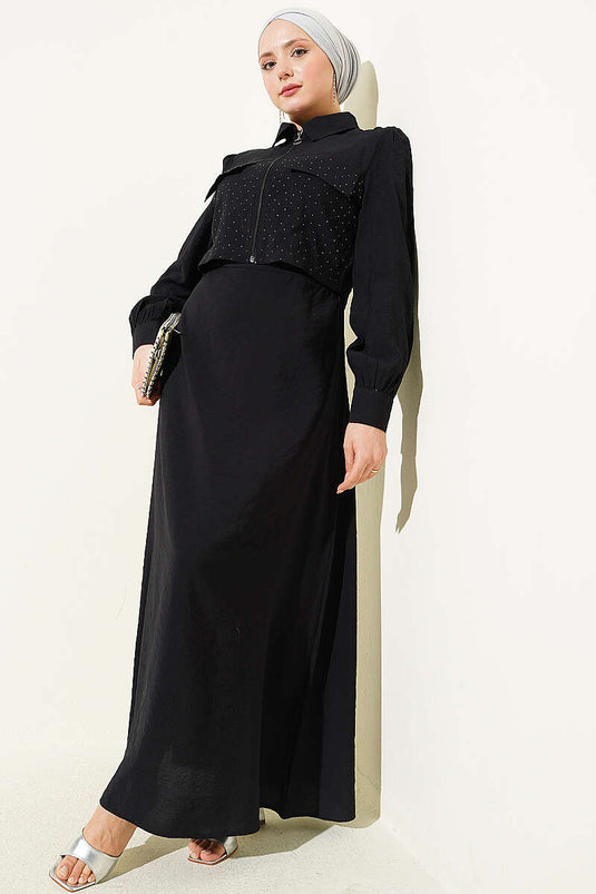 Ensemble robe salopette avec veste à pierres et ceinture noire Bel Tünelli