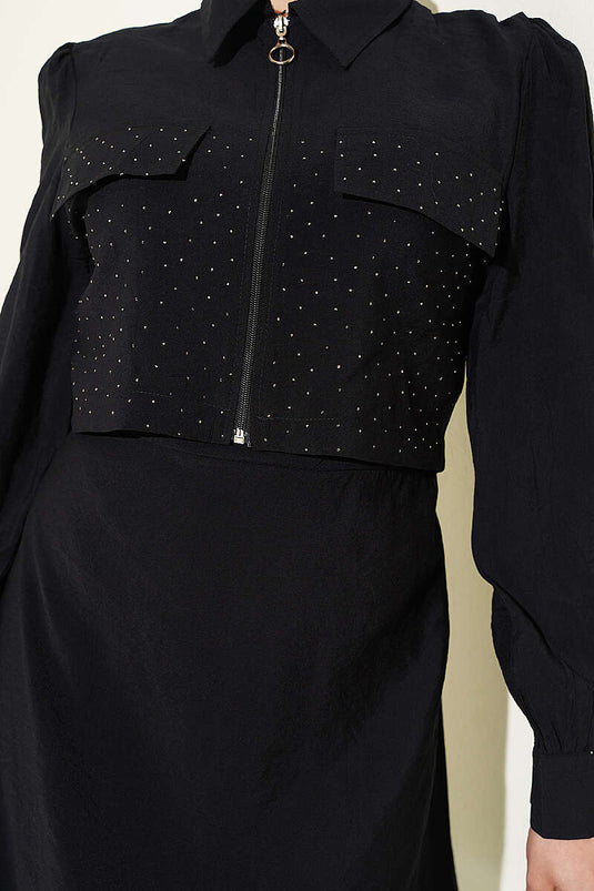 Ensemble robe salopette avec veste à pierres et ceinture noire Bel Tünelli