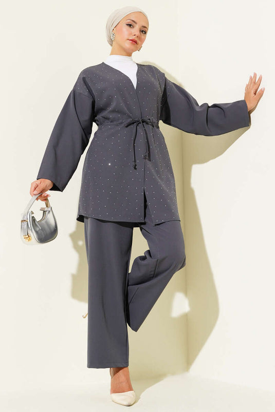 Bel Tünelli Taşlı Kimono İkili Takım Füme