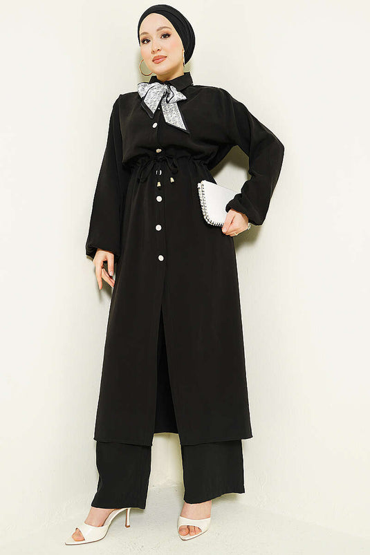 Black Modal Two-Piece Set with Belt and Long Tunic