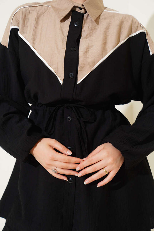 طقم من قطعتين مع نفق للخصر وحافة على شكل حرف V، أسود