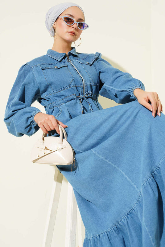 Bel Tünelli Yaka Fermuarlı Kot Elbise Açık Mavi