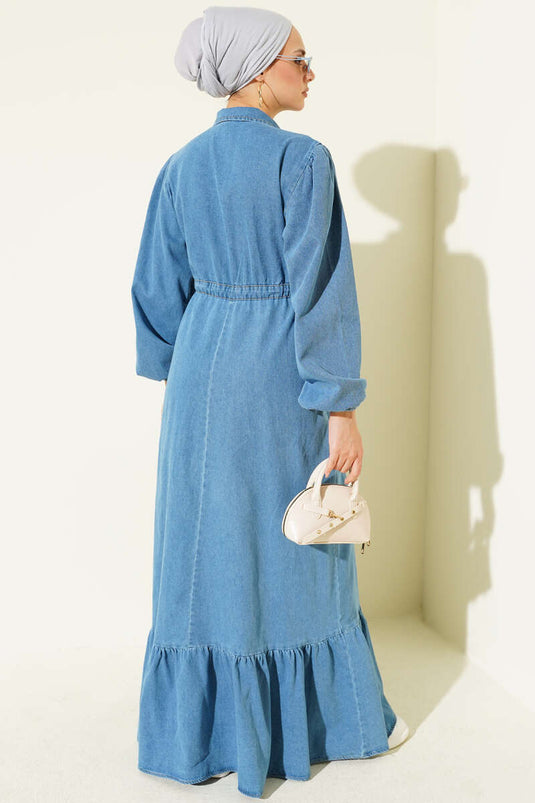 Bel Tünelli Yaka Fermuarlı Kot Elbise Açık Mavi