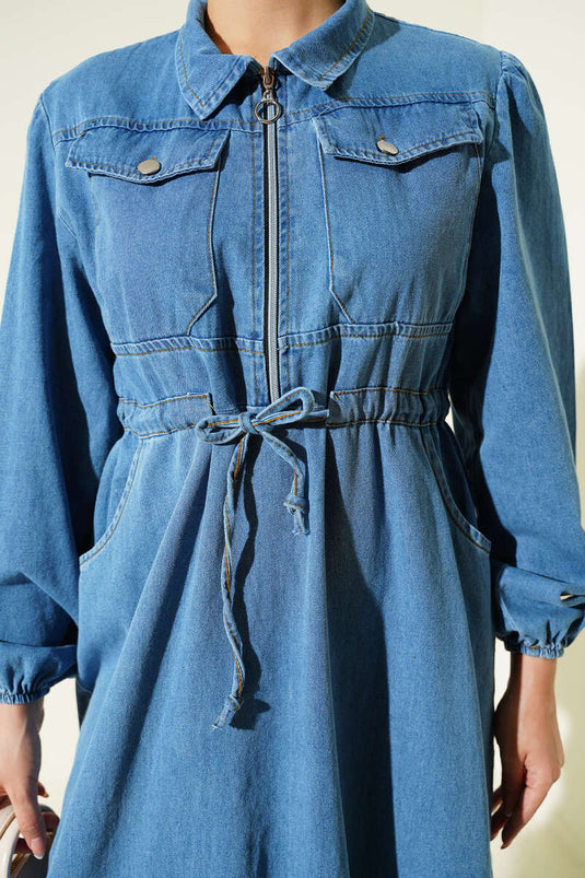 Bel Tünelli Yaka Fermuarlı Kot Elbise Açık Mavi