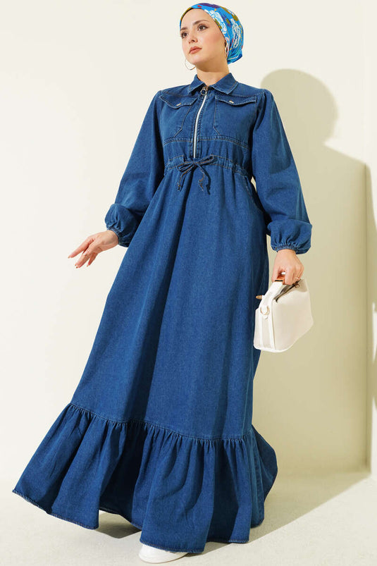 Bel Tünelli Yaka Fermuarlı Kot Elbise Mavi