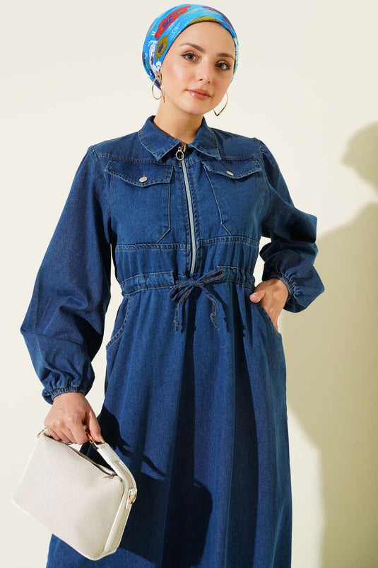 Bel Tünelli Yaka Fermuarlı Kot Elbise Mavi