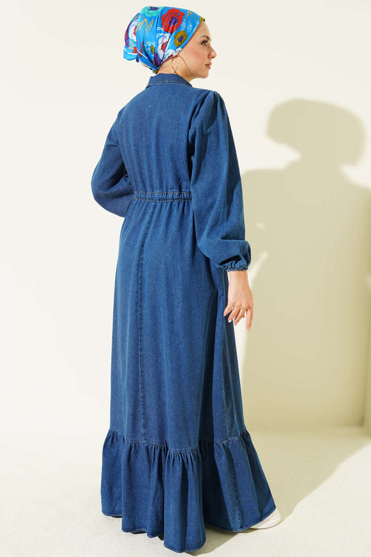 Bel Tünelli Yaka Fermuarlı Kot Elbise Mavi