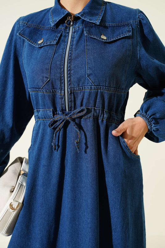 Bel Tünelli Yaka Fermuarlı Kot Elbise Mavi