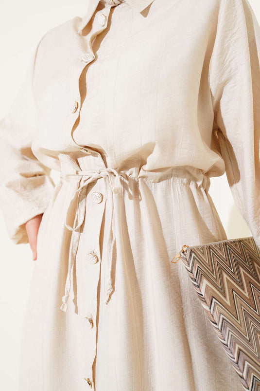 Bel Tünelli Yan Yırtmaçlı Uzun Tunik İkili Takım Bej