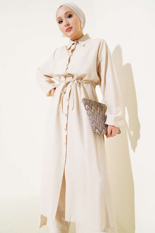 Bel Tünelli Yan Yırtmaçlı Uzun Tunik İkili Takım Bej