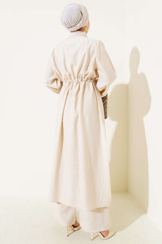 Bel Tünelli Yan Yırtmaçlı Uzun Tunik İkili Takım Bej