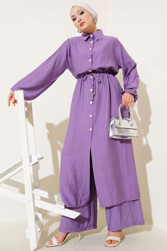 طقم تونيك طويل بفتحة جانبية وخصر من قطعتين، لون أرجواني