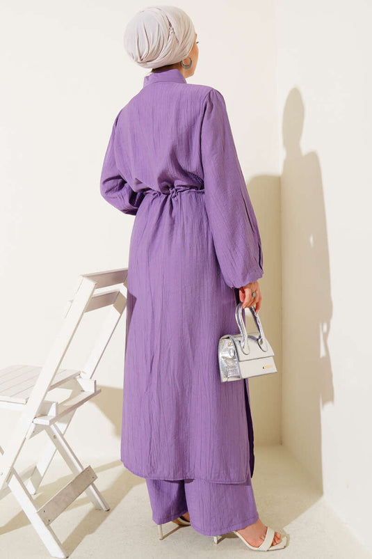 طقم تونيك طويل بفتحة جانبية وخصر من قطعتين، لون أرجواني