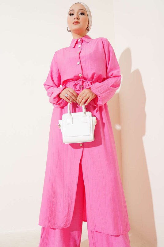 Bel Tünelli Yan Yırtmaçlı Uzun Tunik İkili Takım Pembe