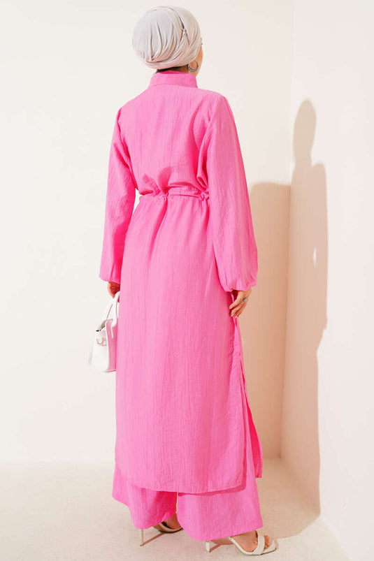 Bel Tünelli Yan Yırtmaçlı Uzun Tunik İkili Takım Pembe