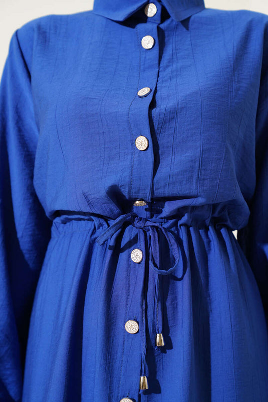 طقم تونيك طويل بفتحة جانبية وخصر من قطعتين باللون الساكسوني