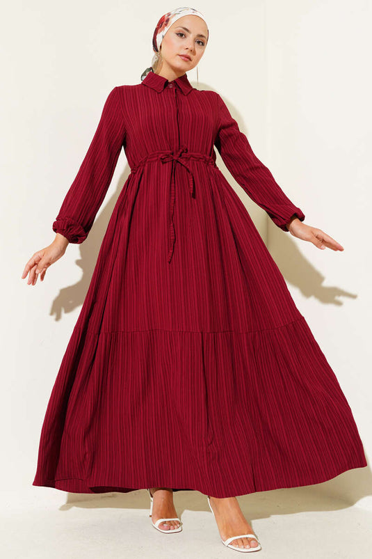 Bel Tünelli Yarım Gizli Düğmeli Elbise Bordo