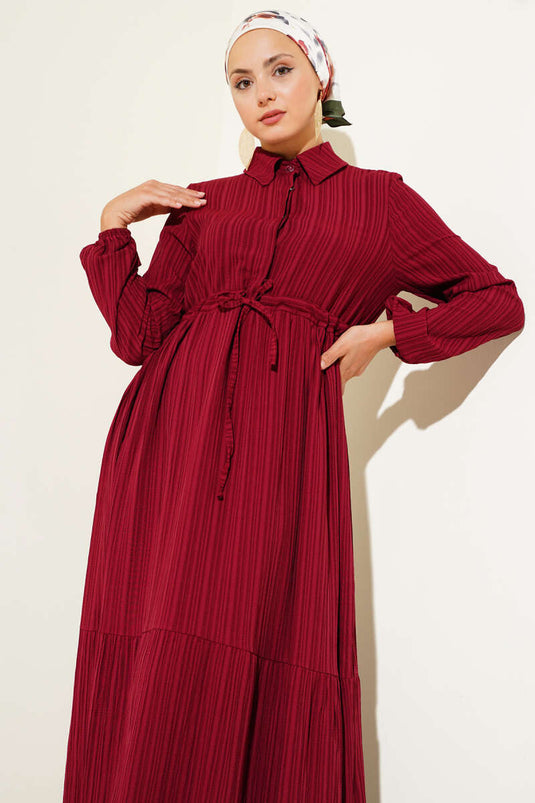 Bel Tünelli Yarım Gizli Düğmeli Elbise Bordo