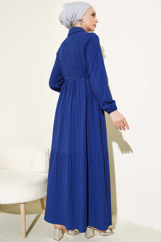 Bel Tünelli Yarım Gizli Düğmeli Elbise Lacivert