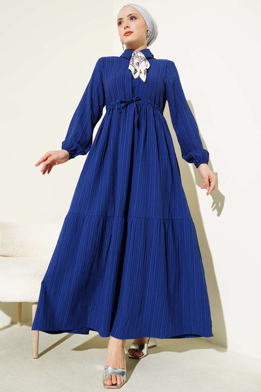 Bel Tünelli Yarım Gizli Düğmeli Elbise Lacivert