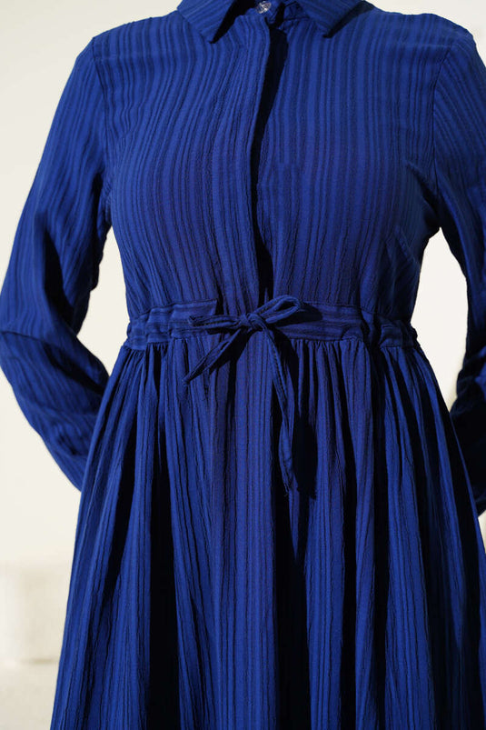 Bel Tünelli Yarım Gizli Düğmeli Elbise Lacivert