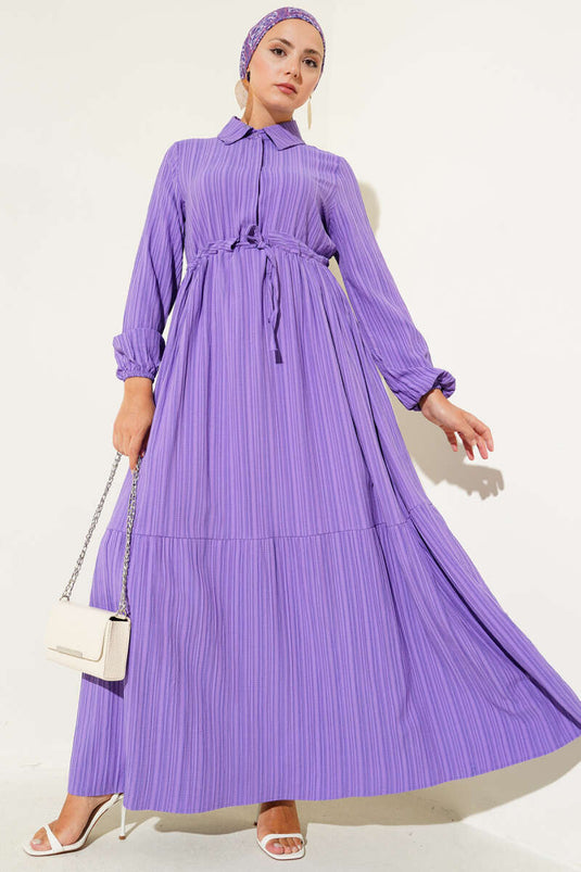 Bel Tünelli Yarım Gizli Düğmeli Elbise Lila