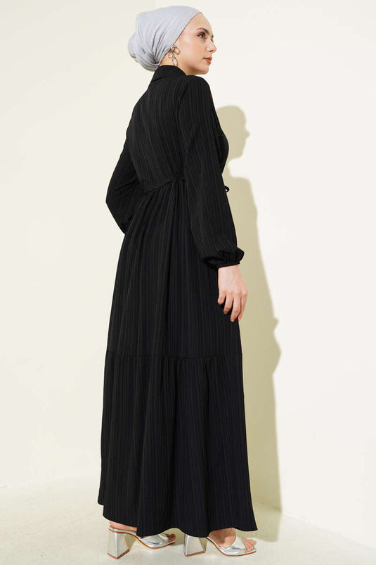 Waist Tunnel Half Hidden Button Dress Black