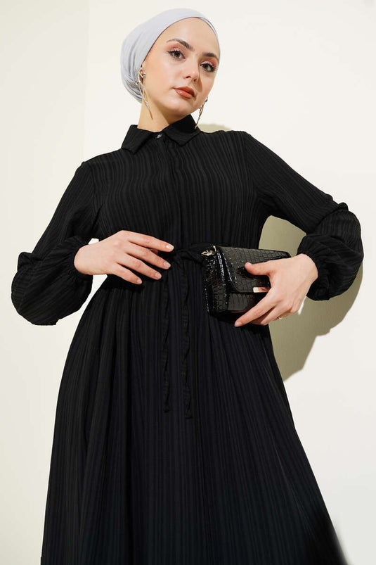 Waist Tunnel Half Hidden Button Dress Black