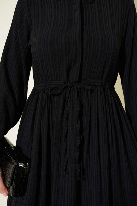 Waist Tunnel Half Hidden Button Dress Black