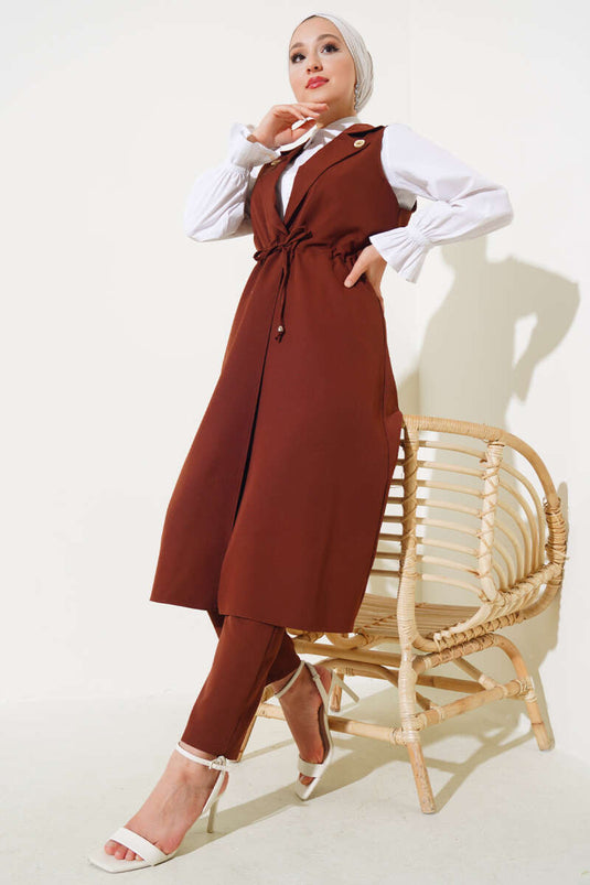 Bel Tünelli Yelekli Dabıl İkili Takım Kahve