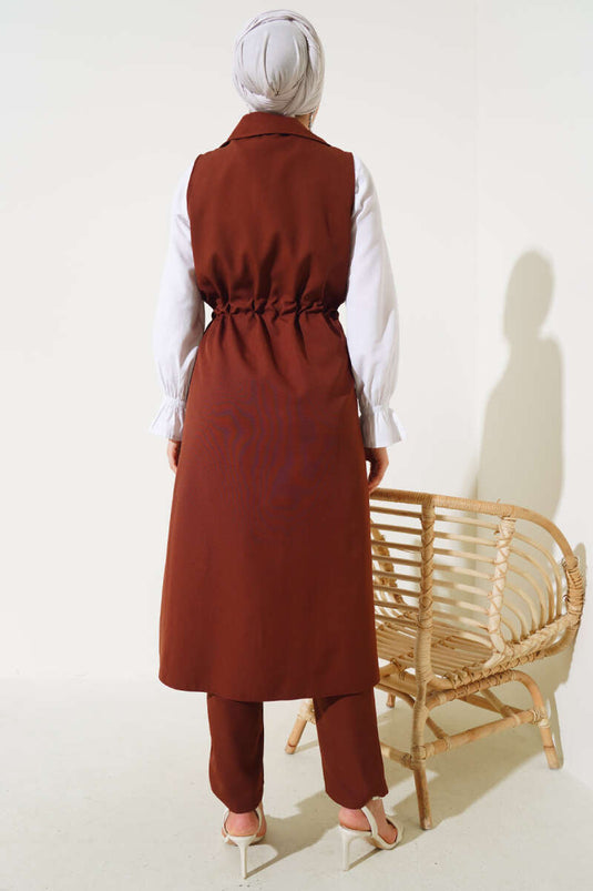 Bel Tünelli Yelekli Dabıl İkili Takım Kahve