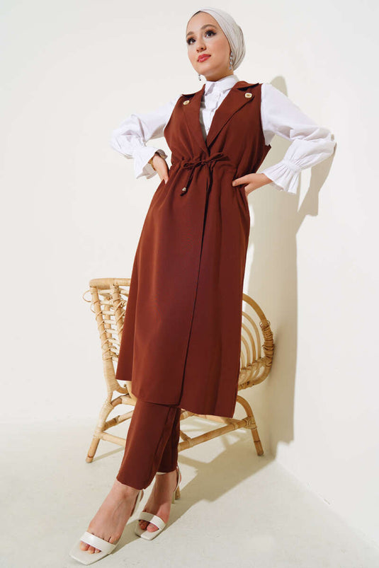 Bel Tünelli Yelekli Dabıl İkili Takım Kahve