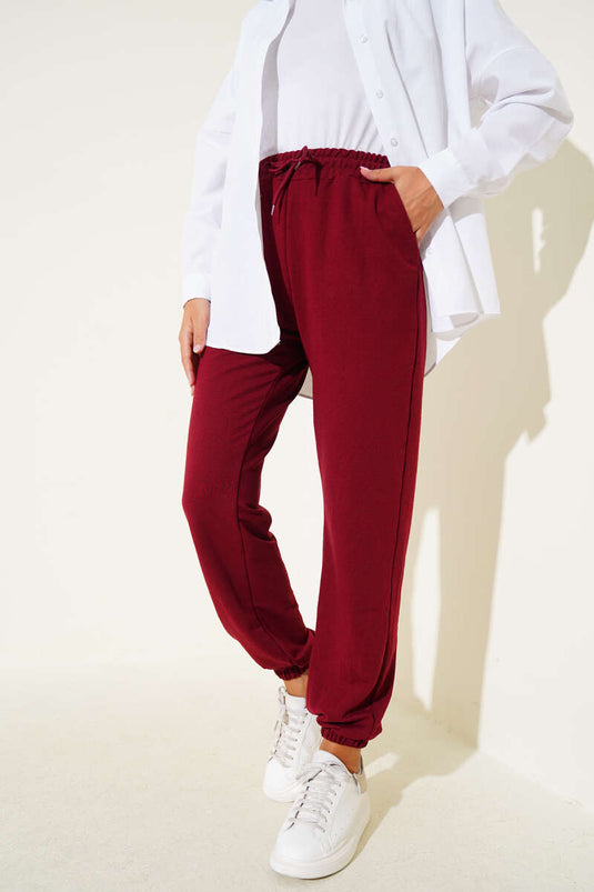 Bel Ve Bilek Lastikli Jogger Pantolon Bordo
