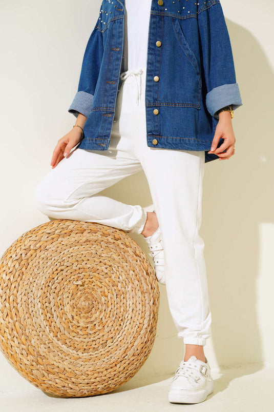 Bel Ve Bilek Lastikli Jogger Pantolon Ekru