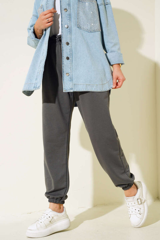 Bel Ve Bilek Lastikli Jogger Pantolon Füme