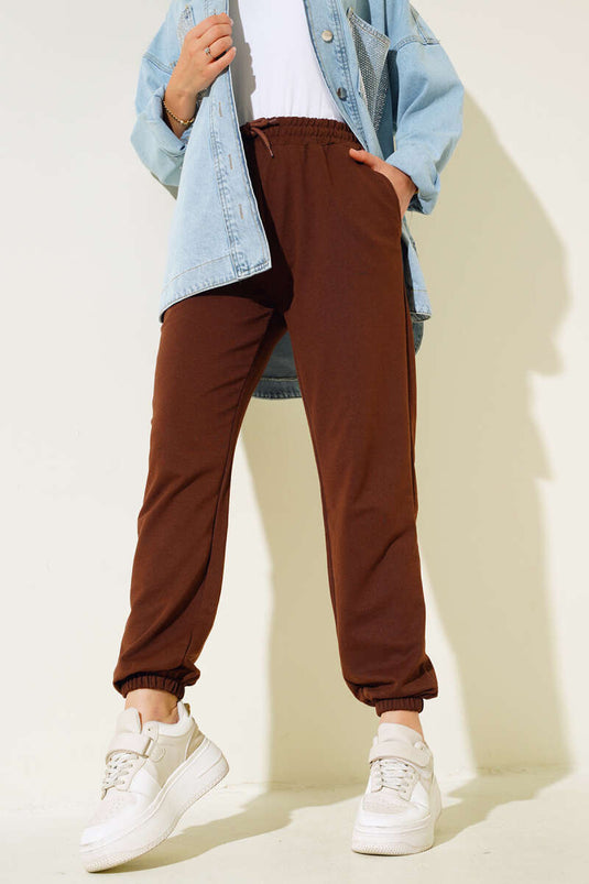 Belted Cuff Elastic Jogger Pants Brown