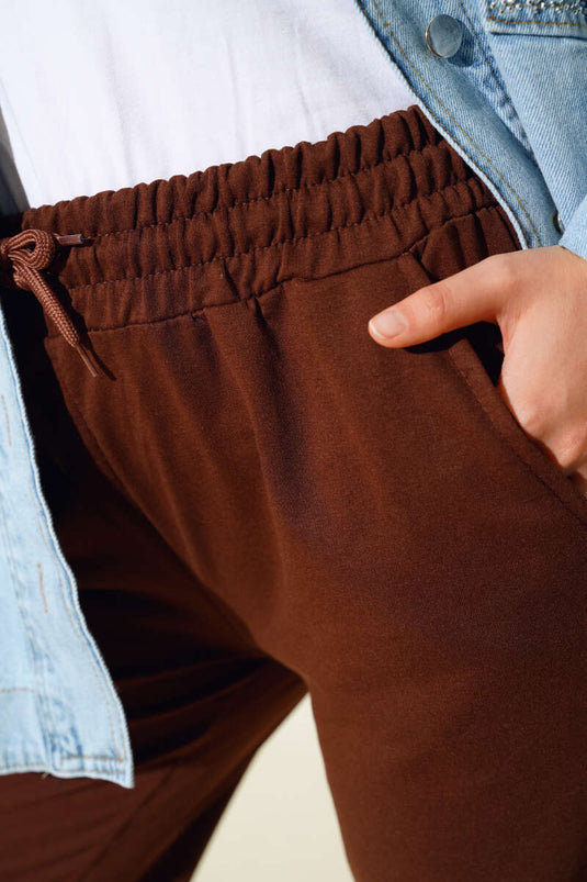 Belted Cuff Elastic Jogger Pants Brown