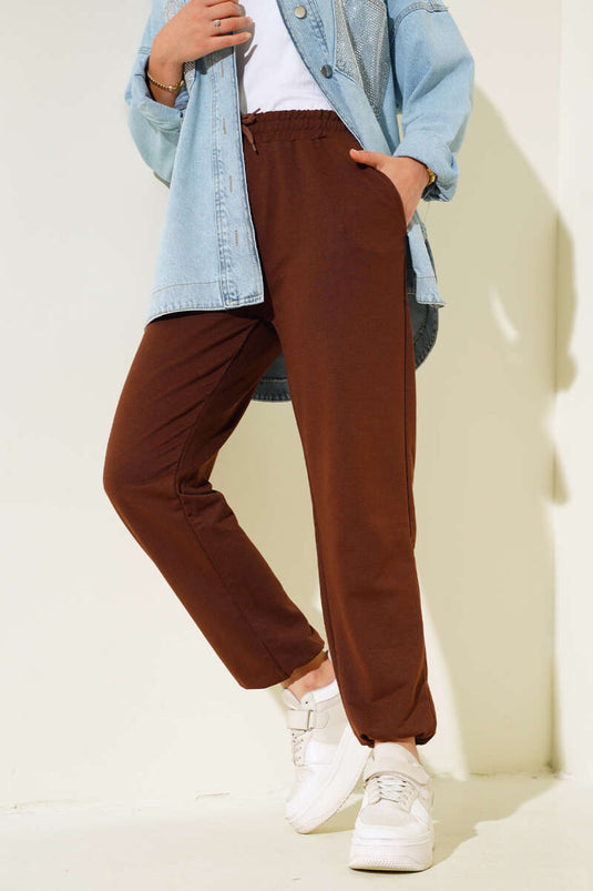 Belted Cuff Elastic Jogger Pants Brown