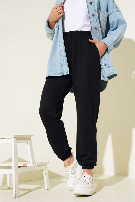 Bel Ve Bilek Lastikli Jogger Pantolon Siyah